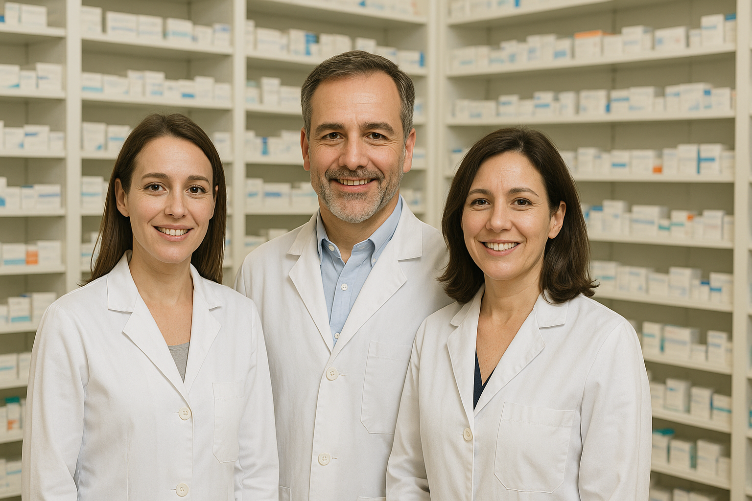 Farmacéuticos profesionales listos para asesorarte en salud y bienestar. Confianza, experiencia y atención personalizada.